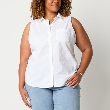 St. John's Bay Plus Womens Sleeveless Regular Fit Button-Down Shirt, 2x, White