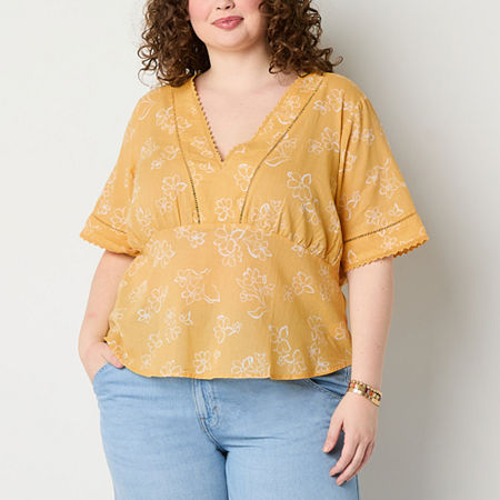 A.n.a Plus Ladder Trim Womens V Neck Short Sleeve Blouse, 3x, Yellow