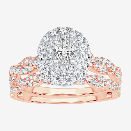 Signature By Modern Bride Womens 1 CT.T.W. Natural Diamond 10K or 14K Gold Oval Side Stone Halo Bridal Set, 9, Rose