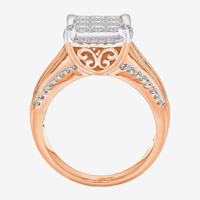 Womens 1 CT. T.W. Natural White Diamond 10K Rose Gold Cushion Halo Engagement Ring