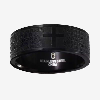 Mens 8mm Black Stainless Steel Cross and Padre Nuestro Lord’s Prayer Wedding Band