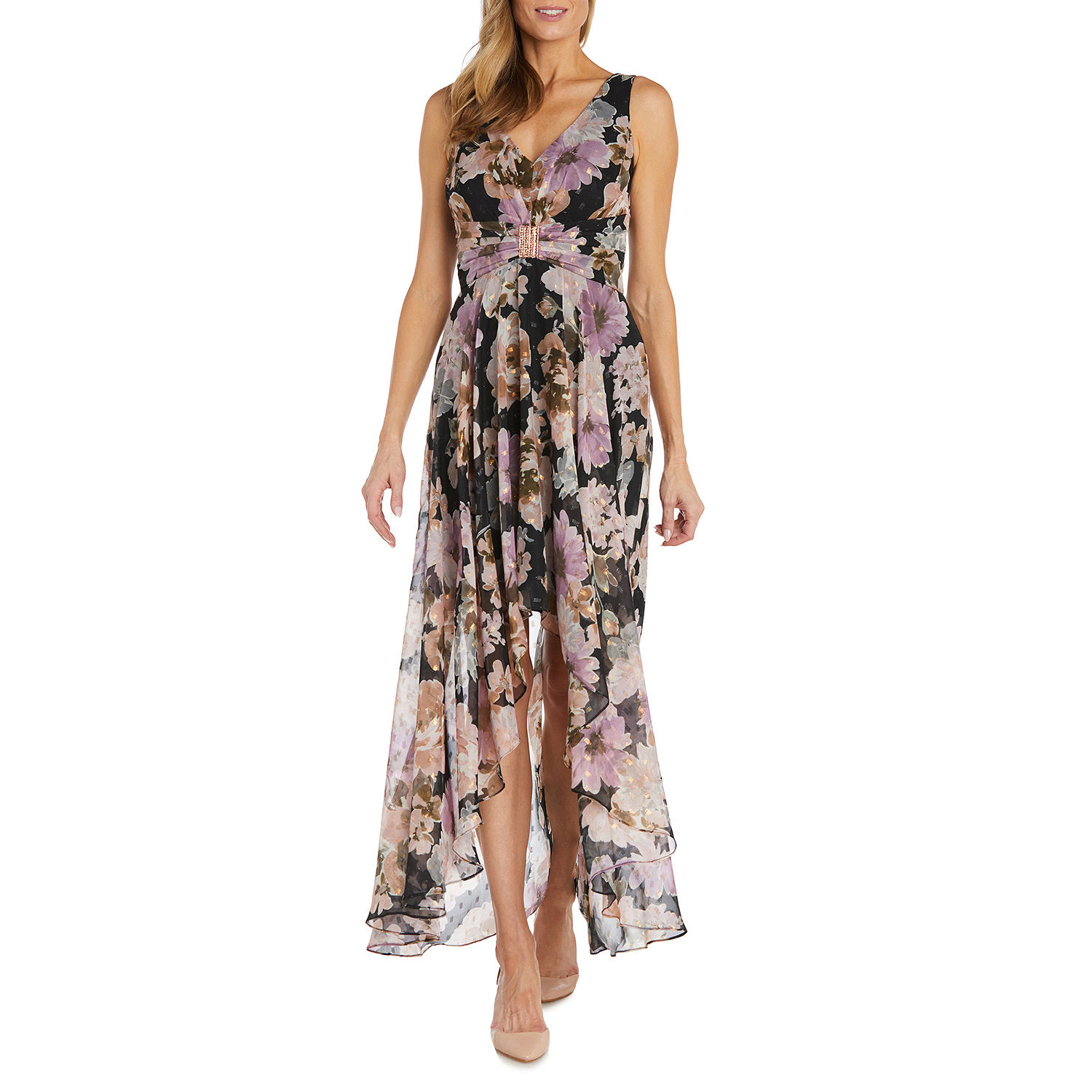 R & M Richards Floral Sleeveless Evening Gown, Color: Black Rose Gold ...