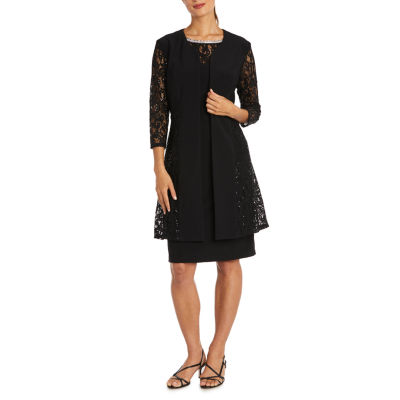 R & M Richards Beaded Scoop Neck 3/4 Sleeve Glitter Lace 2-Piece Jacket  Dress