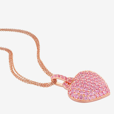 Womens Lab Created Pink Sapphire 18K Rose Gold Over Silver Heart Pendant Necklace