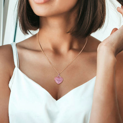 Womens Lab Created Pink Sapphire 18K Rose Gold Over Silver Heart Pendant Necklace