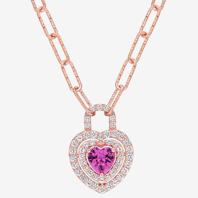 Womens Lab Created Pink Sapphire 18K Rose Gold Over Silver Heart Pendant Necklace
