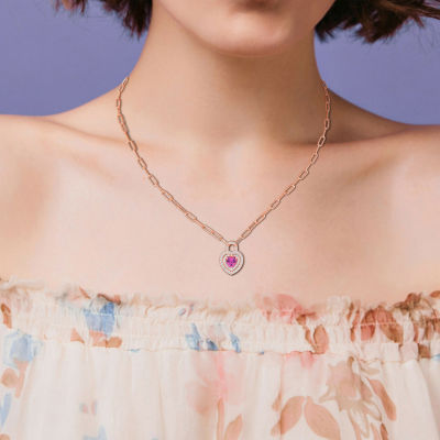 Womens Lab Created Pink Sapphire 18K Rose Gold Over Silver Heart Pendant Necklace