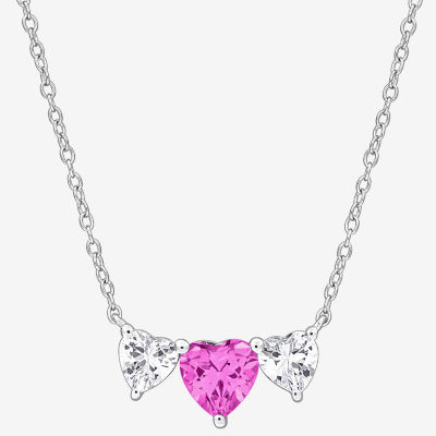 Womens Lab Created Pink Sapphire Sterling Silver Heart Pendant Necklace