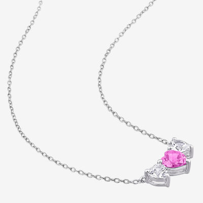 Womens Lab Created Pink Sapphire Sterling Silver Heart Pendant Necklace