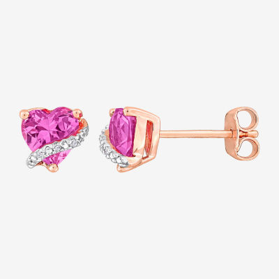 Diamond Accent Lab Created Pink Sapphire 18K Rose Gold Over Silver 6.8mm Heart Stud Earrings