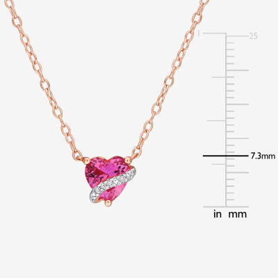 Womens Diamond Accent Lab Created Pink Sapphire 18K Rose Gold Over Silver Heart Pendant Necklace