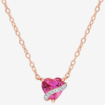 Womens Diamond Accent Lab Created Pink Sapphire 18K Rose Gold Over Silver Heart Pendant Necklaces