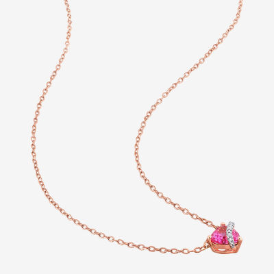 Womens Diamond Accent Lab Created Pink Sapphire 18K Rose Gold Over Silver Heart Pendant Necklace