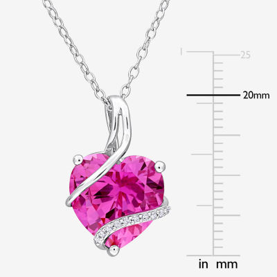 Womens Diamond Accent Lab Created Pink Sapphire Sterling Silver Heart Pendant Necklace