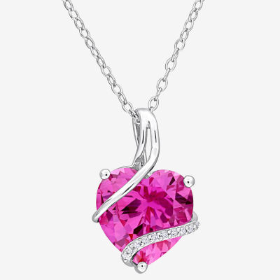 Womens Diamond Accent Lab Created Pink Sapphire Sterling Silver Heart Pendant Necklace