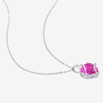 Womens Diamond Accent Lab Created Pink Sapphire Sterling Silver Heart Pendant Necklace