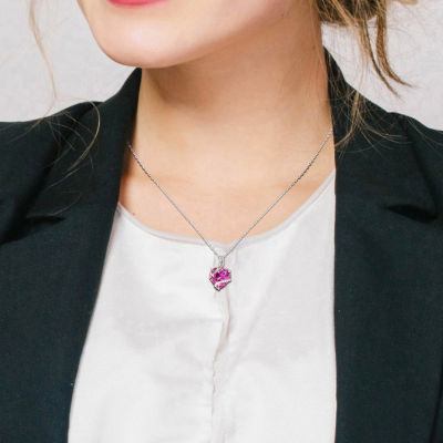 Womens Diamond Accent Lab Created Sapphire Sterling Silver Heart 18 Inch Pendant Necklace