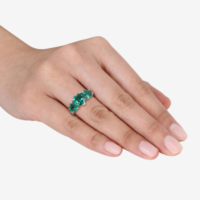 Womens Lab Created Green Emerald Sterling Silver Heart 3-Stone Cocktail Ring