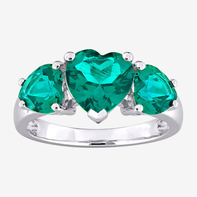 Womens Lab Created Green Emerald Sterling Silver Heart 3-Stone Cocktail Ring