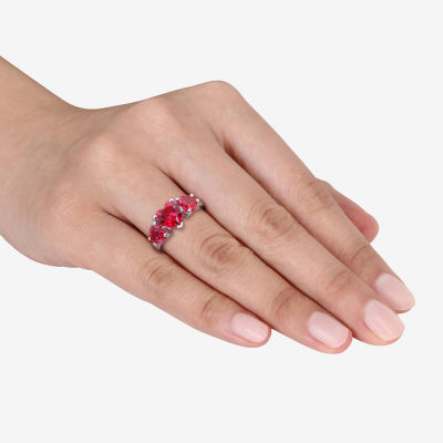 Womens Lab Created Red Ruby Sterling Silver Heart 3-Stone Cocktail Ring