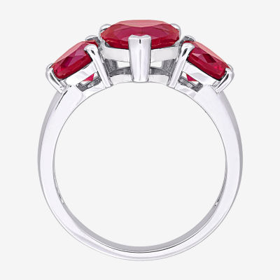 Womens Lab Created Red Ruby Sterling Silver Heart 3-Stone Cocktail Ring