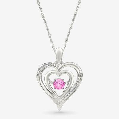 Womens Diamond Accent Lab Created Pink Sapphire Sterling Silver Heart Pendant Necklace