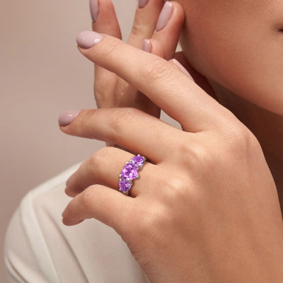 Womens Gemstone Sterling Silver Heart 3-Stone Cocktail Ring