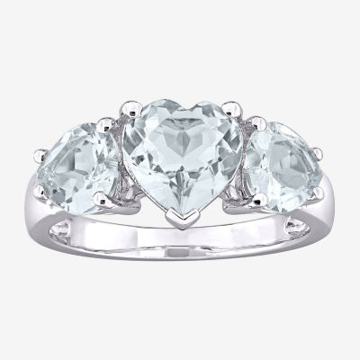 Womens Genuine Blue Aquamarine Sterling Silver Heart 3-Stone Cocktail Ring