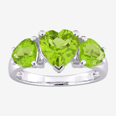 Womens Genuine Green Peridot Sterling Silver Heart 3-Stone Cocktail Ring