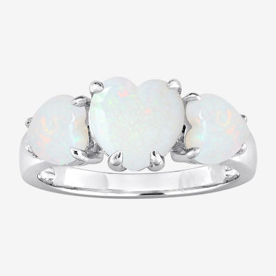 Womens Genuine White Opal Sterling Silver Heart 3-Stone Cocktail Ring