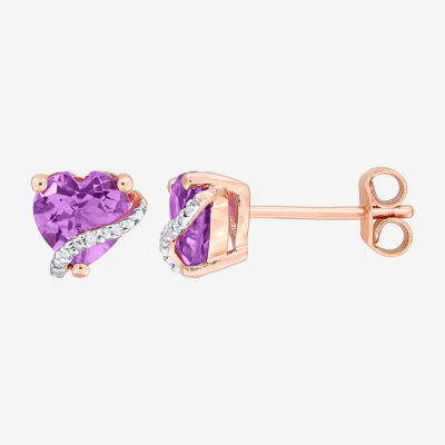 Diamond Accent Genuine Purple Amethyst 18K Rose Gold Over Silver 7.5mm Heart Stud Earrings