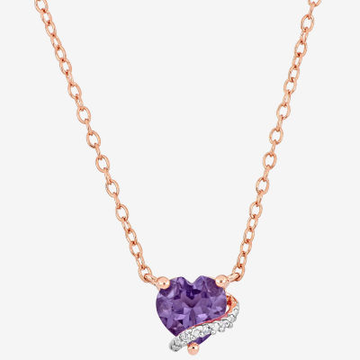 Womens Diamond Accent Genuine Purple Amethyst 18K Rose Gold Over Silver Heart Pendant Necklace
