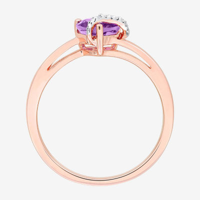 Womens Diamond Accent Genuine Purple Amethyst 18K Rose Gold Over Silver Heart Cocktail Ring