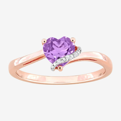 Womens Diamond Accent Genuine Purple Amethyst 18K Rose Gold Over Silver Heart Cocktail Ring