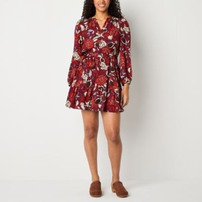 Maia Womens Long Sleeve Floral Fit + Flare Dress