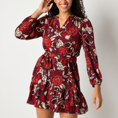 Maia Womens Long Sleeve Floral Fit + Flare Dress