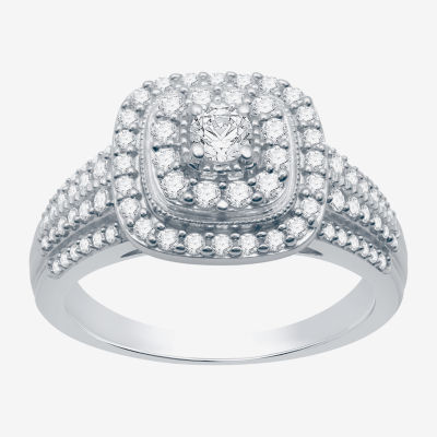 I Said Yes (H-I / I1) Womens 3/4 CT. T.W. Lab Grown White Diamond Sterling Silver Cushion Side Stone Halo Engagement Ring