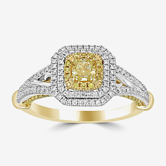 Womens 1 CT. T.W. Genuine Yellow Diamond 14K Gold Cushion Halo Engagement Ring