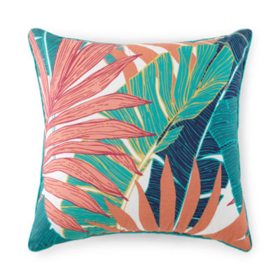 Turquoise Sun 18x18 Leaf Print Square Outdoor Pillow