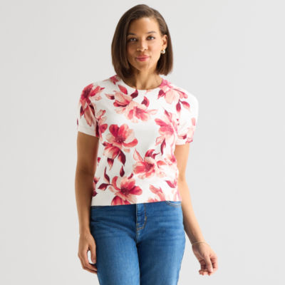 Liz Claiborne Womens Crew Neck Short Sleeve Floral Pullover Sweater