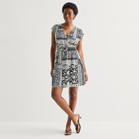 Be by CHETTA B Womens V Neck Short Sleeve Patchwork Fit + Flare Dress