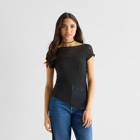 Arizona Womens Juniors Asymmetrical Neck Short Sleeve T-shirt In Black