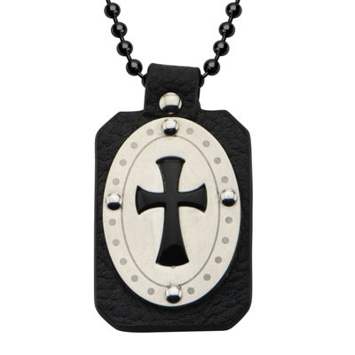 Inox® Jewelry Mens Genuine Onyx & Leather Stainless Steel Cross Pendant