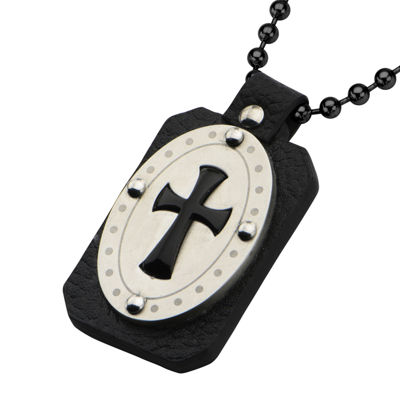 Inox® Jewelry Mens Genuine Onyx & Leather Stainless Steel Cross Pendant Necklace