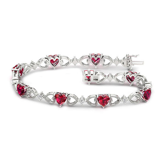 Lab Created Red Ruby Sterling Silver Heart 7.25 Inch Tennis Bracelet