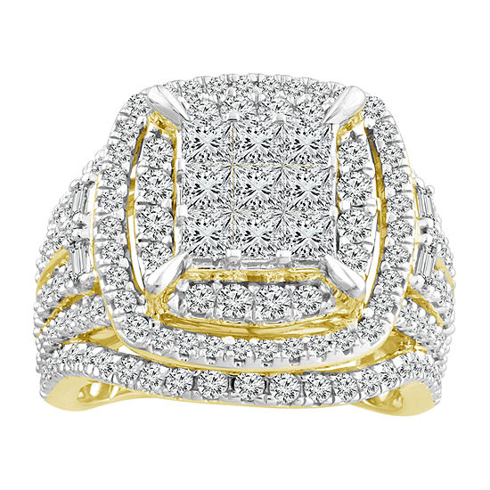Womens 3 CT. T.W. Genuine White Diamond 10K Gold Cushion Side Stone Halo Engagement Ring