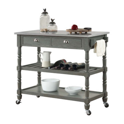 French Country Stainless Steel Counter Top Kitchen Cart with Wine Rack