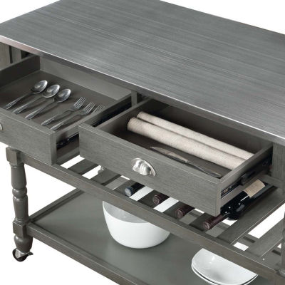 French Country Stainless Steel Counter Top Kitchen Cart with Wine Rack