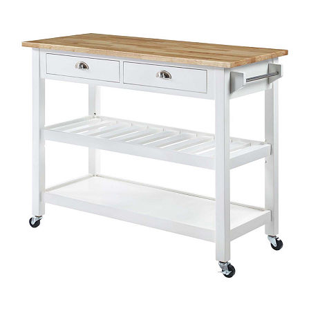 French Country Butcher Block Counter Top Kitchen Cart With Wine Rack, One Size, White