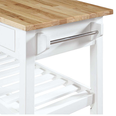 French Country Butcher Block Counter Top Kitchen Cart With Wine Rack, One Size, White